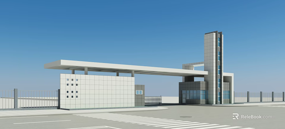 Modern Entrance Gate With White Wall Overhead Structure And Tall Tower Glass Elements 3d model