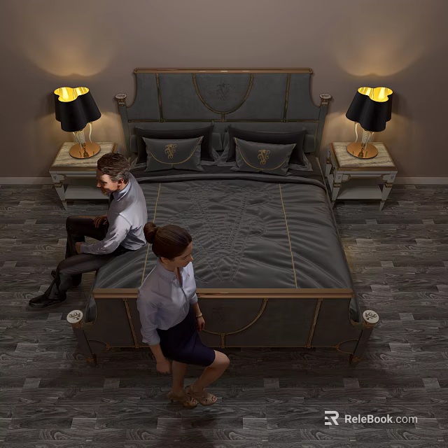 Luxury Double Bed With Golden Trim Gray Upholstery Bedside Tables And Black Table Lamps 3d model 