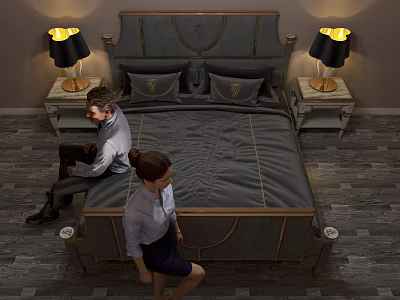 Luxury Double Bed With Golden Trim Gray Upholstery Bedside Tables And Black Table Lamps 3d model