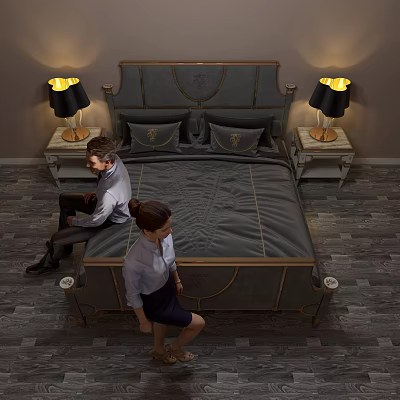 Luxury Double Bed With Golden Trim Gray Upholstery Bedside Tables And Black Table Lamps 3d model