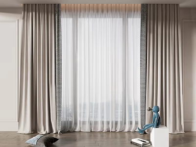 Elegant Beige Curtains With White Sheer And Black Trim For Modern Home Window Decor 3d model