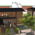 Modern Homestay Building Design With Courtyard Glass Doors And Wooden Elements
