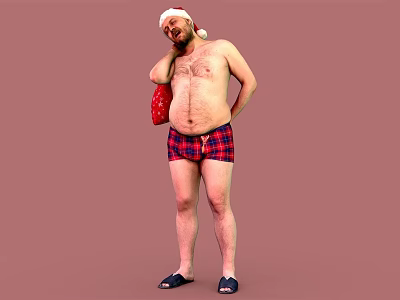Shirtless Man In Santa Hat Red Plaid Shorts With Red Gift Bag On Pink Background 3d model