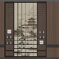 Traditional Chinese Wooden Decorative Cabinet With Landscape Painting Design and Layered Storage Shelves