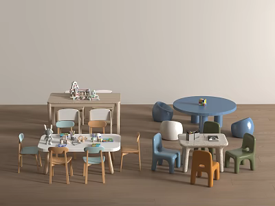 Multiple Colorful Children's Tables with Assorted Chairs and Play Toys in Kids Room 3d model