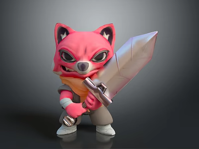 Cute Pink Fox Game Movie Character Holding Large Sword 3D Rendered Model 3d model