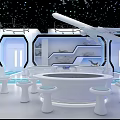 Futuristic Airplane Exhibition Hall Interior With Modern Lighting Display Stands And Background Screen