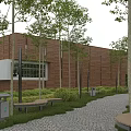 Modern Sales Office Building with Wooden Facade Surrounded by Trees Lawn and Cobblestone Path