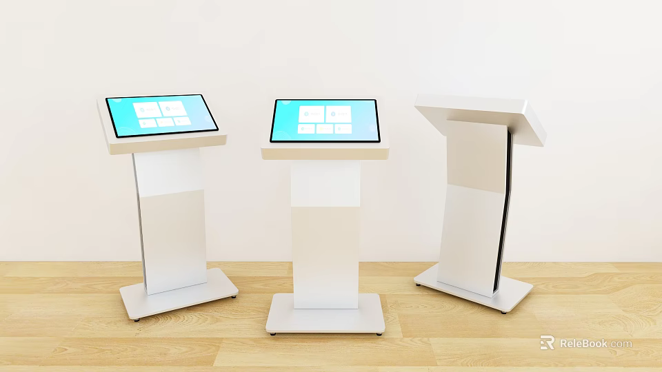 Three Modern White Commercial Equipment Stands With Digital Touchscreen Displays 3d model 