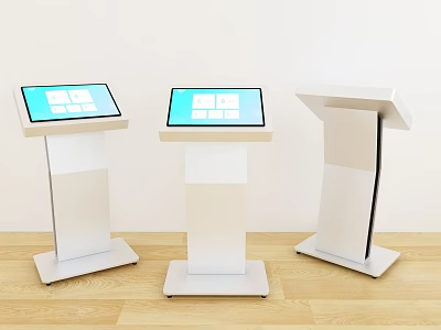 Three Modern White Commercial Equipment Stands With Digital Touchscreen Displays 3d model