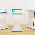 Three Modern White Commercial Equipment Stands With Digital Touchscreen Displays