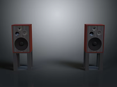 Electronic Audio Speakers With Red Wooden Enclosure Black Drivers And Gray Stands Against Gray Background 3d model