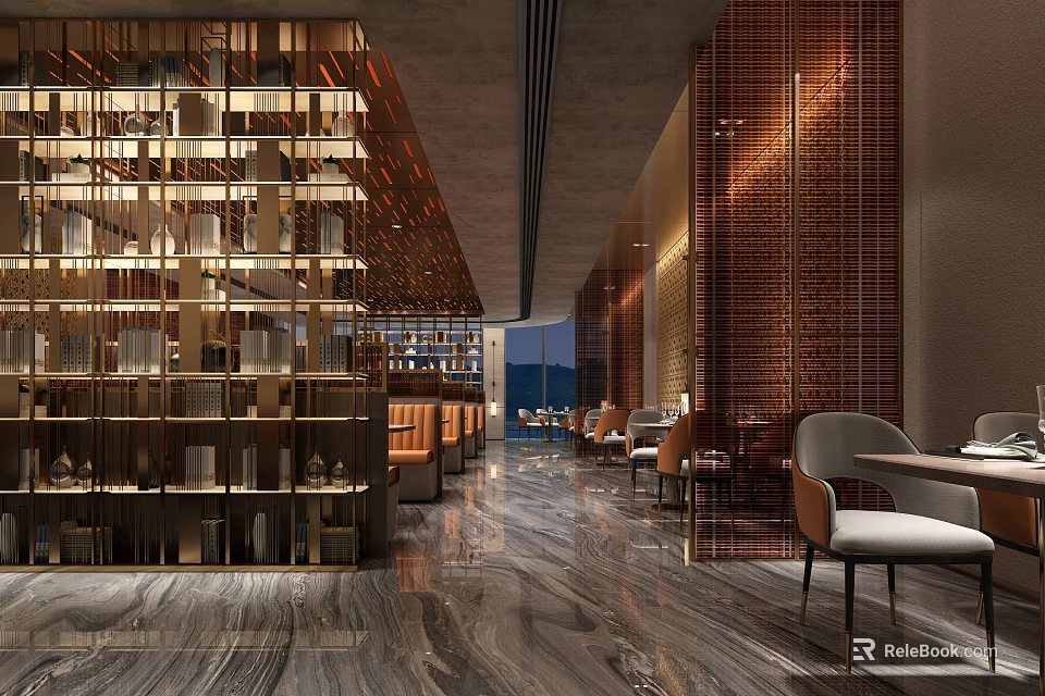 Modern Restaurant Interior With Wooden Lattice Marble Floor Dining Tables And Chairs 3d model 