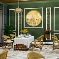 Elegant Restaurant Interior With Green Walls Wooden Ceiling Rattan Chairs And White Tablecloths
