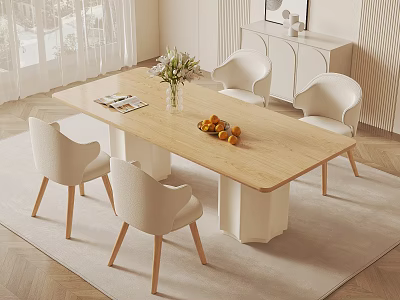 Modern Light Wood Dining Table With White Chairs Flower Vase And Fruits On Rug 3d model