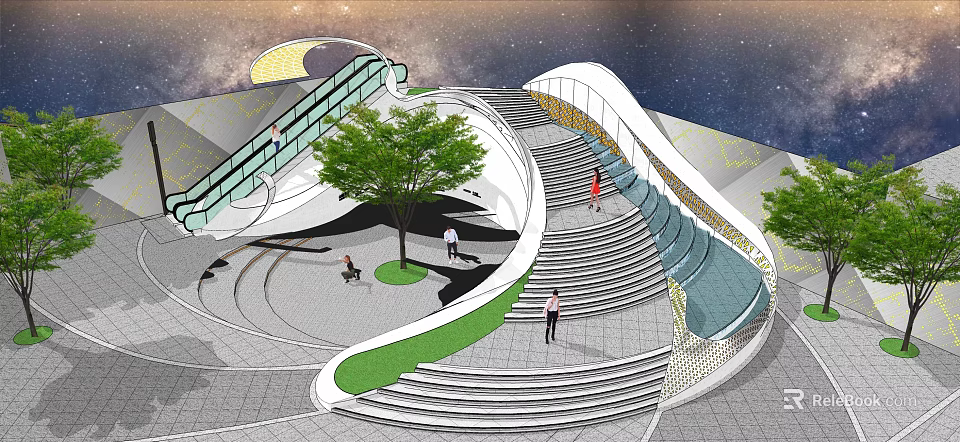 Modern Spiral Staircase Design In Public Space With Greenery And People Walking 3d model 