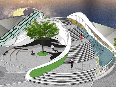 Modern Spiral Staircase Design In Public Space With Greenery And People Walking 3d model