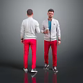 Two Men in White Jackets Red Pants One Holding Cup Against Gray Background