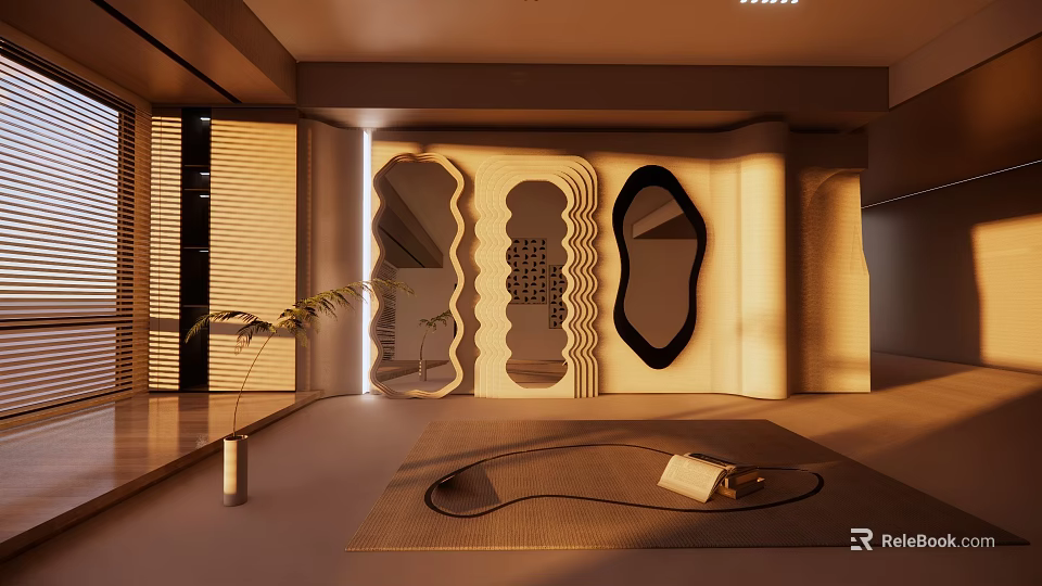 Warm Modern Interior Featuring Unique Shaped Mirrors Decorative Carpet And Green Plant 3d model 