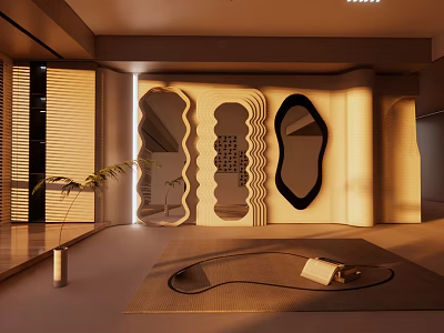 Warm Modern Interior Featuring Unique Shaped Mirrors Decorative Carpet And Green Plant 3d model