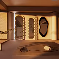 Warm Modern Interior Featuring Unique Shaped Mirrors Decorative Carpet And Green Plant