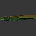 Detailed 3D Topographic Terrain Model With Green Yellow Colors And River Boat