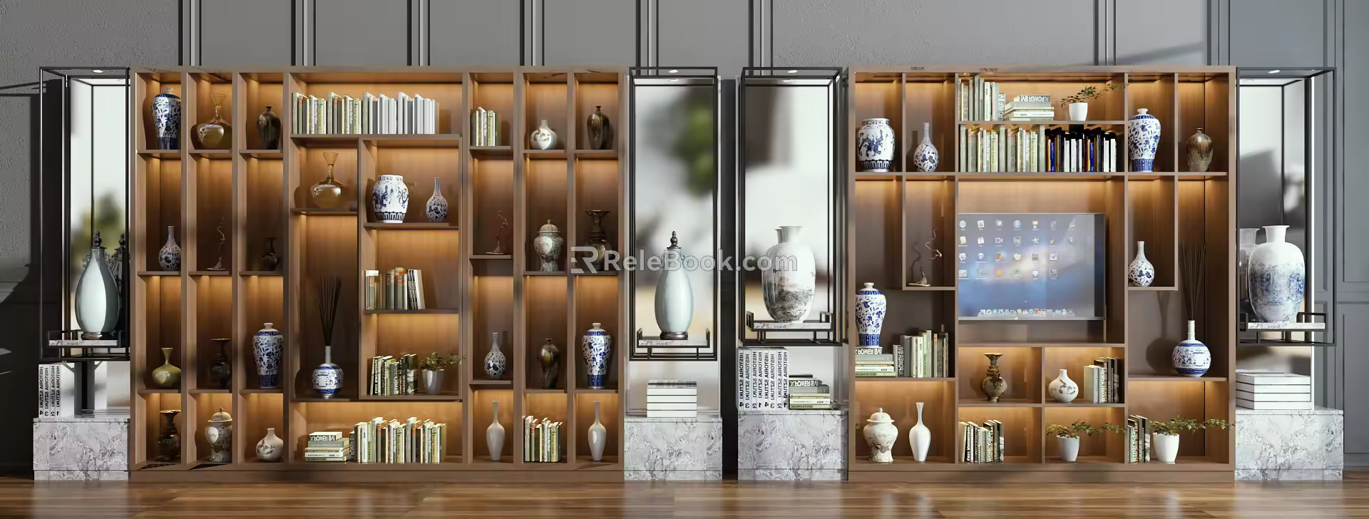 New Chinese-style bookcase side cabinet decoration combination 3d model