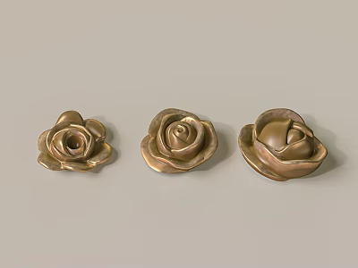Three Golden Rose Carvings Decorative Metal Floral Sculptures on Light Background 3d model