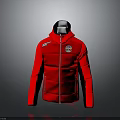 Fashionable Red Hooded Jacket With Zipper Closure Chest Patch And Black Accents