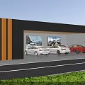 Modern Car Showroom Exterior Featuring Glass Windows Wooden Stripes And Displayed Cars With Green Plants