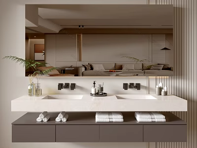Sleek Bathroom Vanity With Double Sinks Marble Countertop Large Mirror Towels And Toiletries 3d model