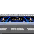 Professional Event Stage Design With Blue Radial Light Beams Large Screens And Audience Seats