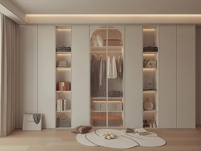 Modern Minimalist Wardrobe Design With Open Storage Hanging Clothes And Built in Lighting 3d model