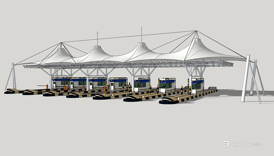 Bus Stop Area With Multiple White Membrane Structure Canopies And Arranged Bus Stations 3d model