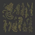 Ornate Golden Decorative Patterns With Floral Swirls On Dark Blue Background