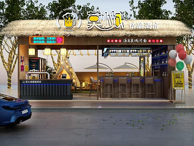 Street Food Shop With Thatched Roof On Chunxi Road And Balloon Decorations 3d model