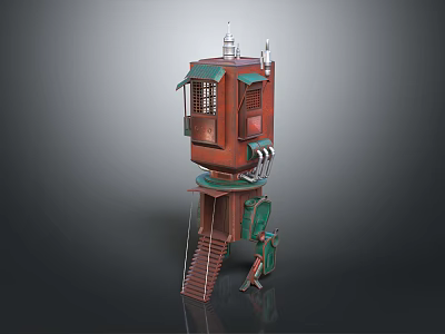 Cartoon Style Tower Scene With Red Green Structure Windows Staircase Spire And Small Character 3d model