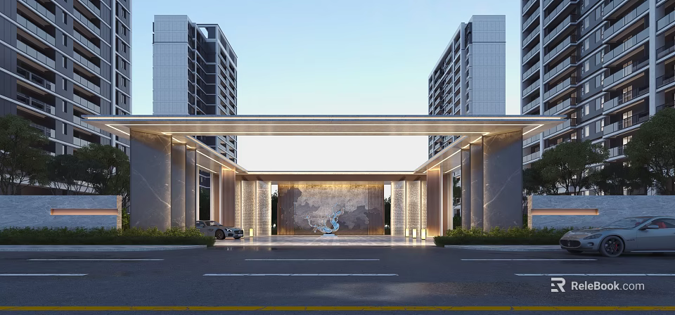 Modern Entrance Gate Design With Tall Buildings Overhead Beam Decorative Wall And Car 3d model 