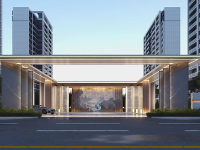 Modern Entrance Gate Design With Tall Buildings Overhead Beam Decorative Wall And Car 3d model