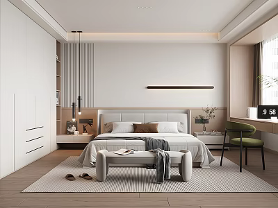 Modern Minimalist Bedroom Interior Design With White Wardrobes Grey Headboard And Green Chair 3d model