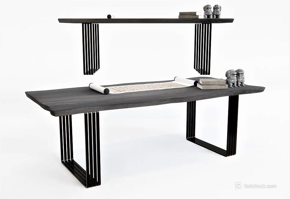 Modern Minimalist Desk with Overhead Shelf Tabletop Scroll Books and Decorative Items 3d model