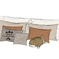 Neutral Toned Decorative Pillows with Textured Covers Checkered Design and Cat Plush Toy