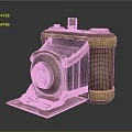 Vintage Folding Camera Equipment With Brass Body Yellow Trim Intricate Carved Patterns And Blue Lens