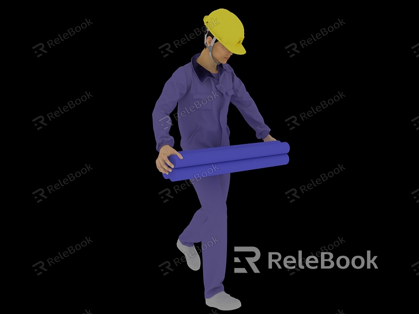 Modern man construction worker moves thick steel bar model