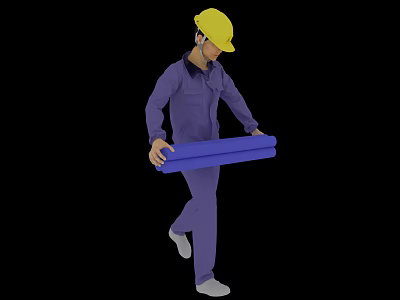 Man In Yellow Hard Hat And Purple Work Uniform Carrying Blue Rolled Materials 3d model