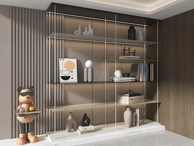 Modern Bookcase Interior With Sleek Metal Frame Glass Shelves Books And Decorative Items 3d model