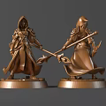 Bronze Sculpture Carvings of Fantasy Hooded Characters with Weapons on Base in Dynamic Poses