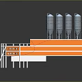 Industrial Wall Structure Featuring Orange White Design And Multi Level Platform With Silver Silos