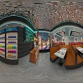 Modern Restaurant Interior With Orange Black Booths Dining Tables Marble Flooring And Decorative Ceiling