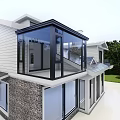 Modern Detached Villa With Large Glass Windows Stone Wall And Green Lawn